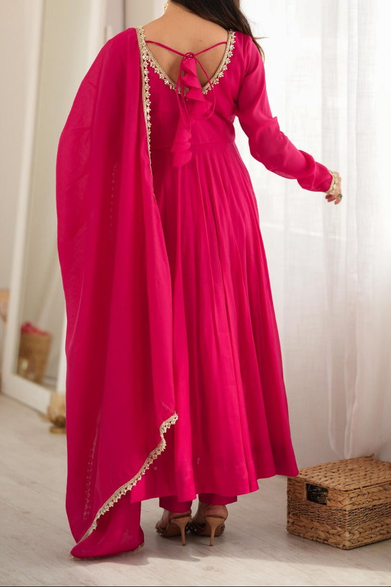 16 Kali Heavy Flare Mul Chanderi Anarkali Set With Handwork Mirror Work Lace