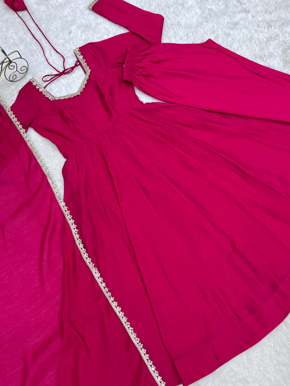 16 Kali Heavy Flare Mul Chanderi Anarkali Set With Handwork Mirror Work Lace