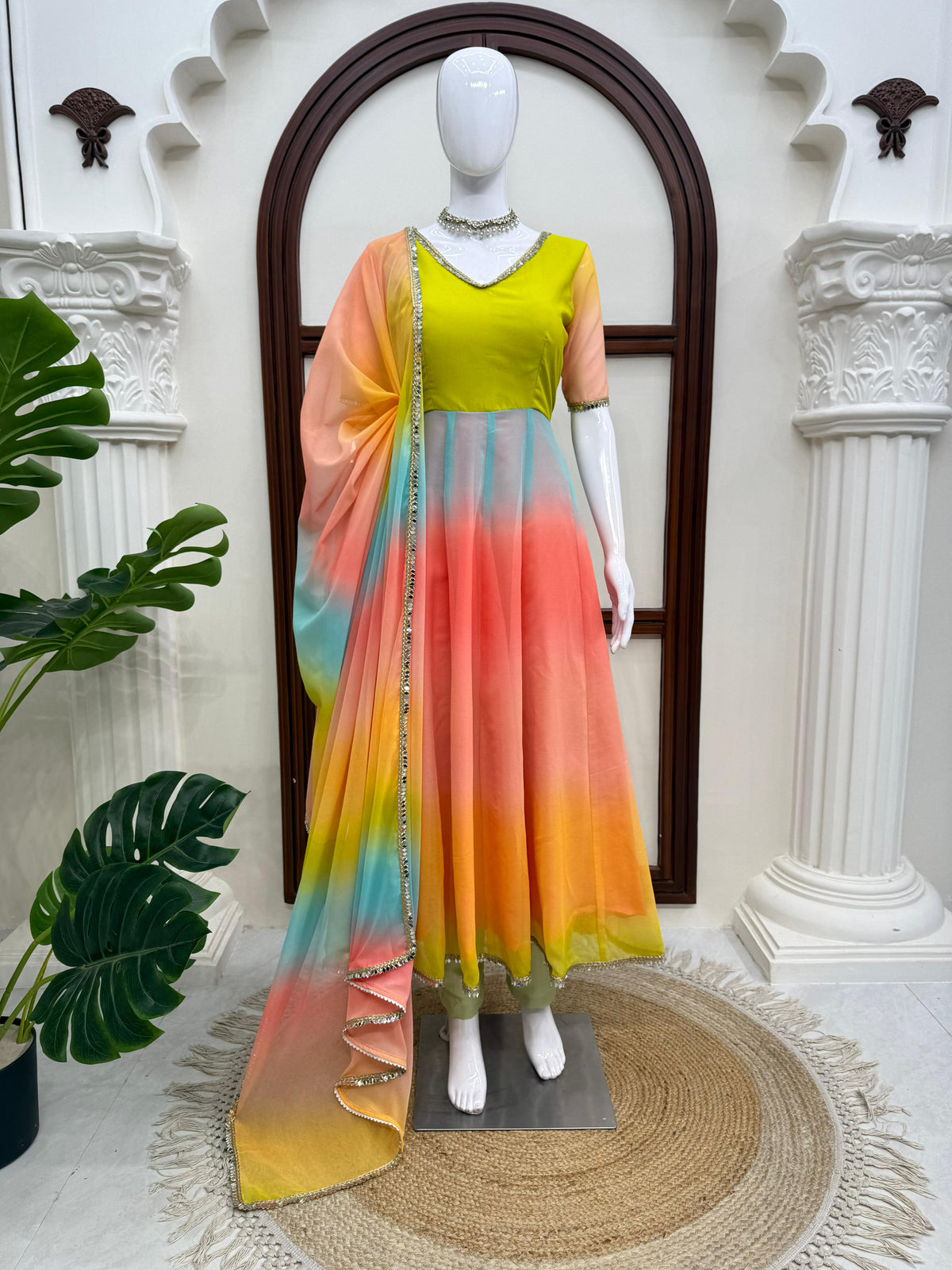 Designer Multi colour Georgette Anarkali Set With Fancy Lace Detailing