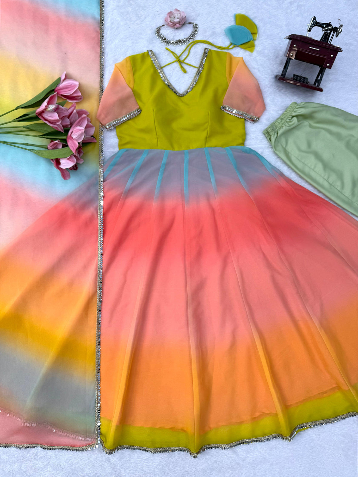 Designer Multi colour Georgette Anarkali Set With Fancy Lace Detailing