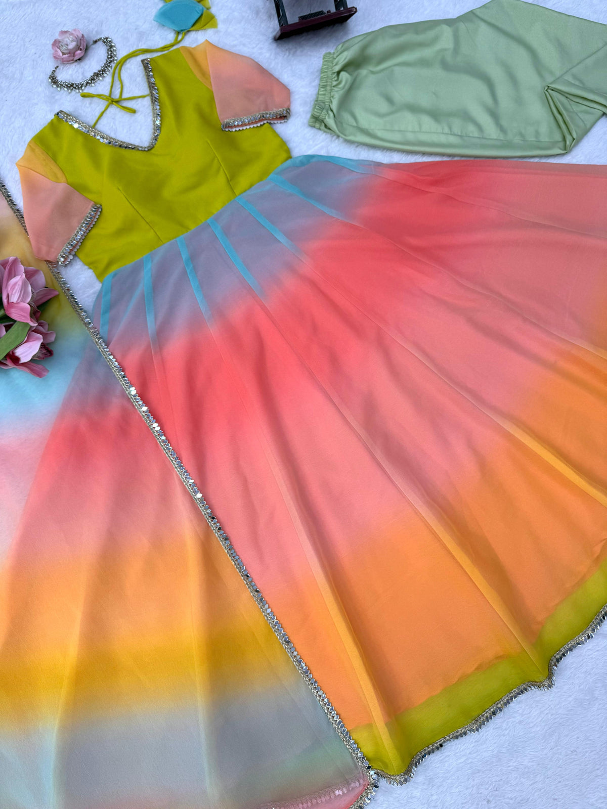 Designer Multi colour Georgette Anarkali Set With Fancy Lace Detailing