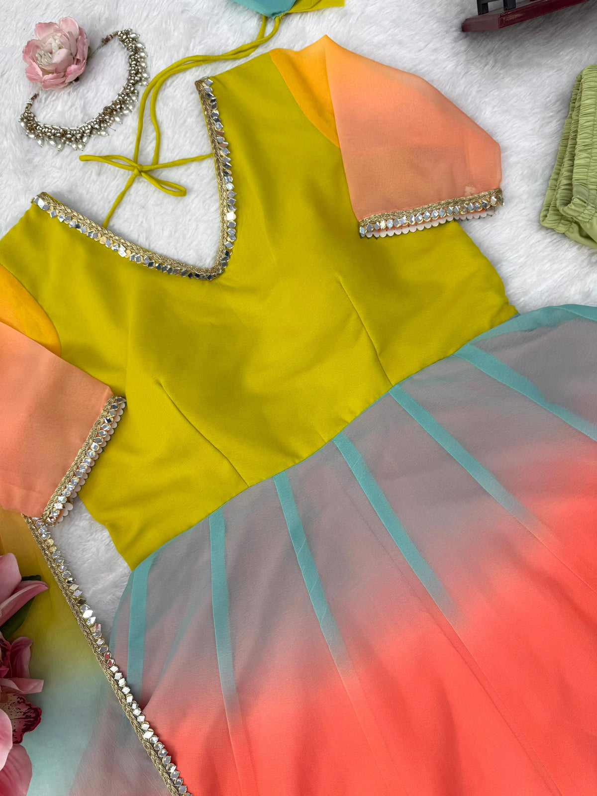 Designer Multi colour Georgette Anarkali Set With Fancy Lace Detailing