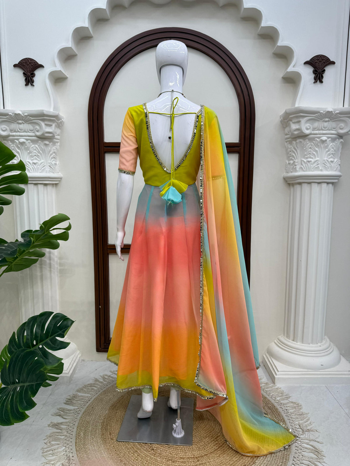 Designer Multi colour Georgette Anarkali Set With Fancy Lace Detailing