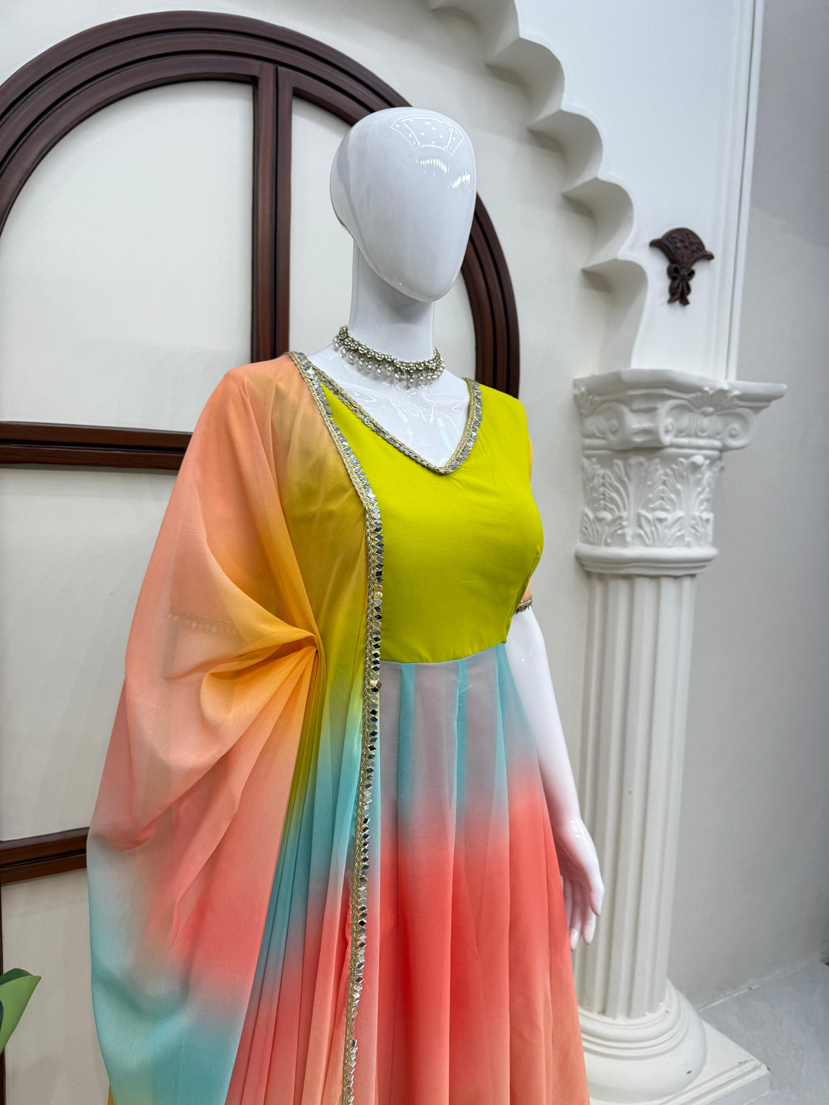 Designer Multi colour Georgette Anarkali Set With Fancy Lace Detailing