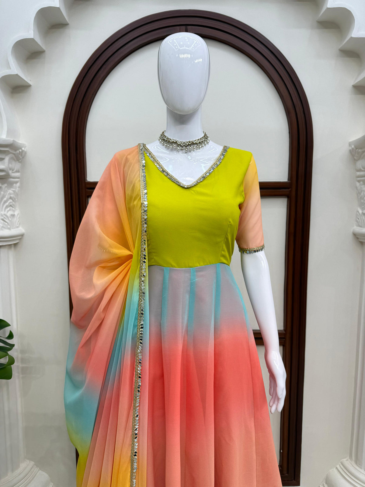 Designer Multi colour Georgette Anarkali Set With Fancy Lace Detailing