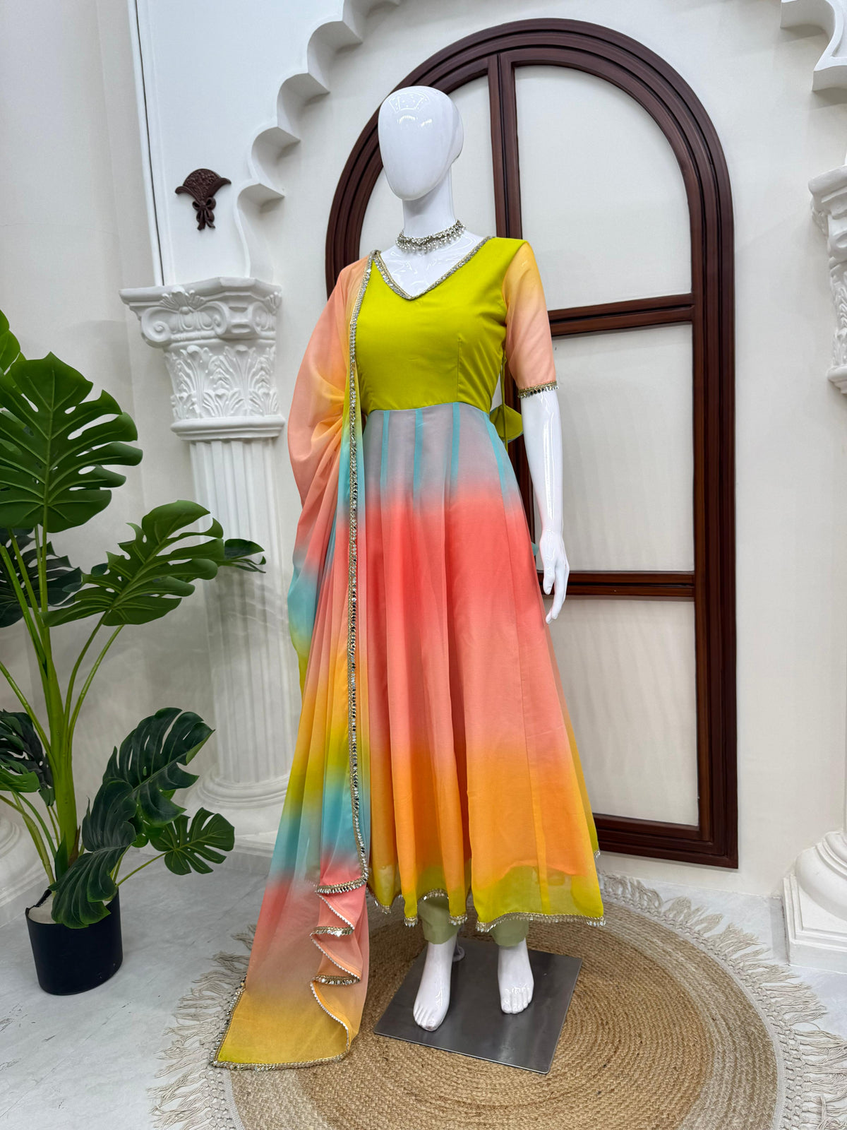 Designer Multi colour Georgette Anarkali Set With Fancy Lace Detailing