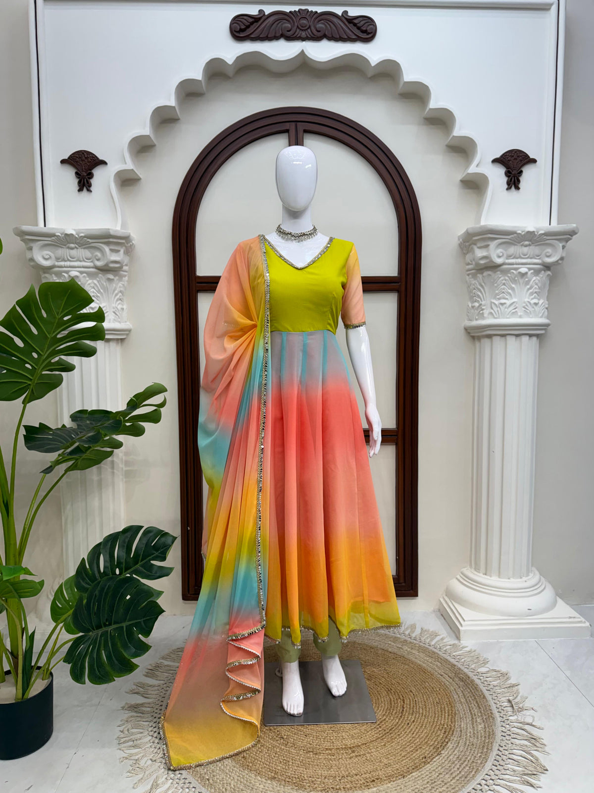Designer Multi colour Georgette Anarkali Set With Fancy Lace Detailing