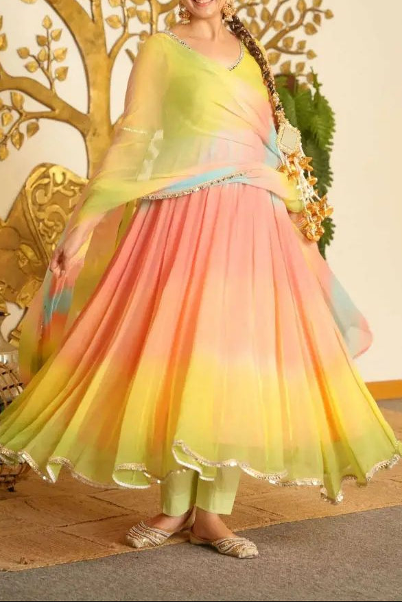 Designer Multi colour Georgette Anarkali Set With Fancy Lace Detailing