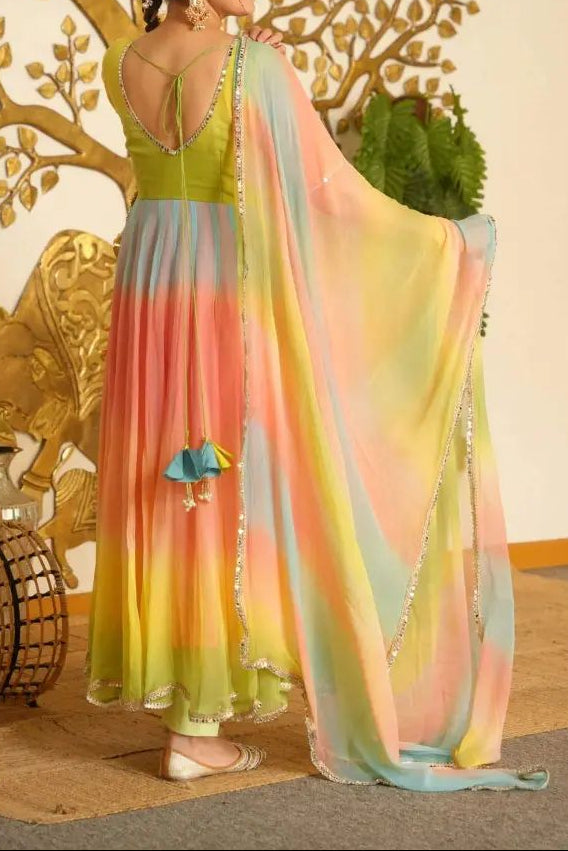 Designer Multi colour Georgette Anarkali Set With Fancy Lace Detailing