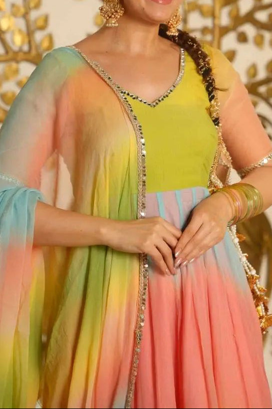 Designer Multi colour Georgette Anarkali Set With Fancy Lace Detailing