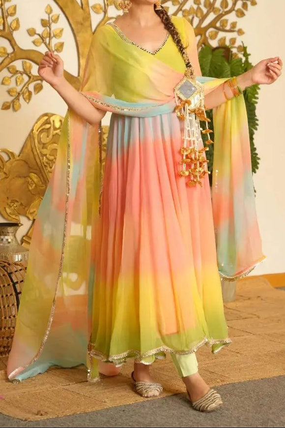 Designer Multi colour Georgette Anarkali Set With Fancy Lace Detailing