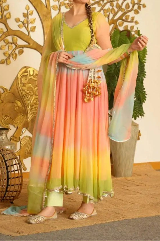 Designer Multi colour Georgette Anarkali Set With Fancy Lace Detailing