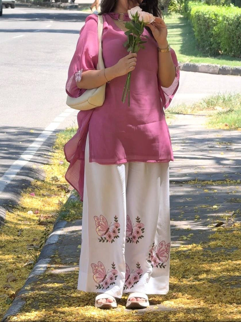 Pintresty Cute Pure Roman Silk Pink Palazzo Set