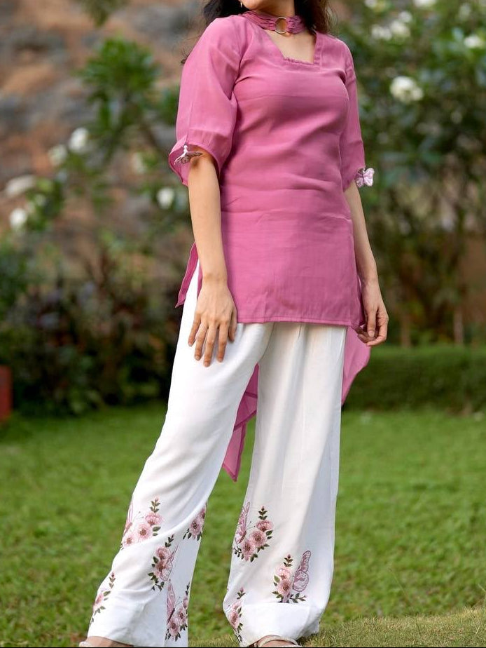 Pintresty Cute Pure Roman Silk Pink Palazzo Set