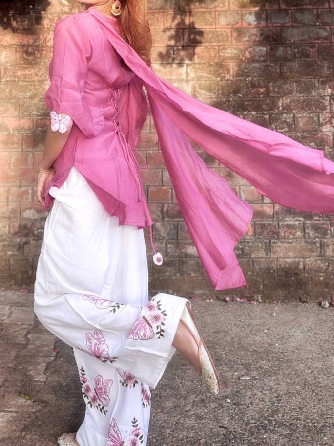 Pintresty Cute Pure Roman Silk Pink Palazzo Set
