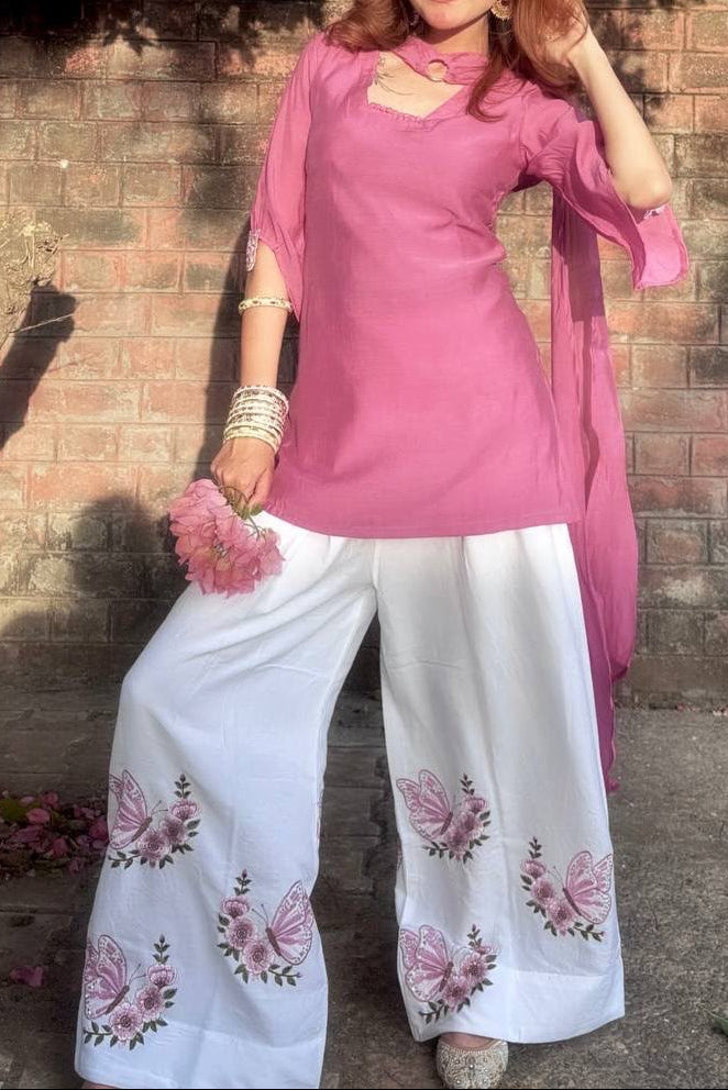 Pintresty Cute Pure Roman Silk Pink Palazzo Set