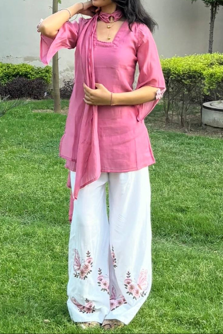 Pintresty Cute Pure Roman Silk Pink Palazzo Set