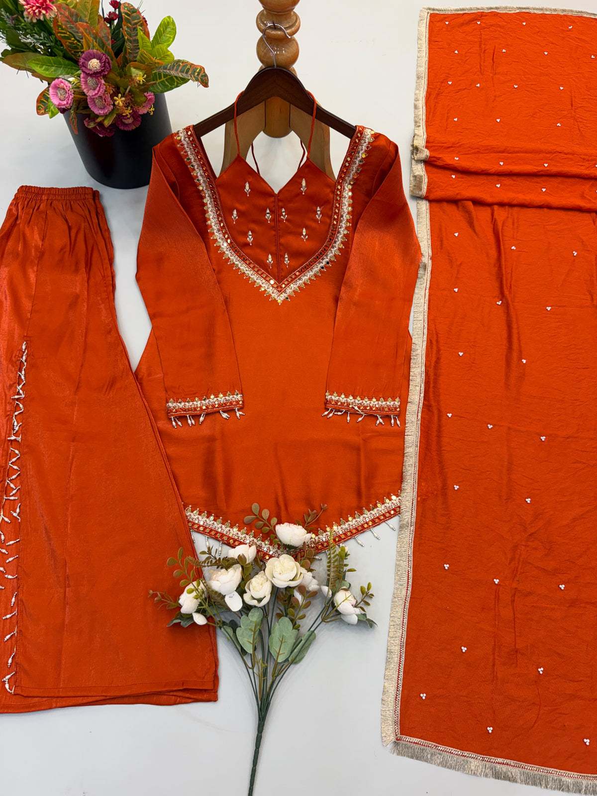 Designer party wear sharara set with lace border moti work