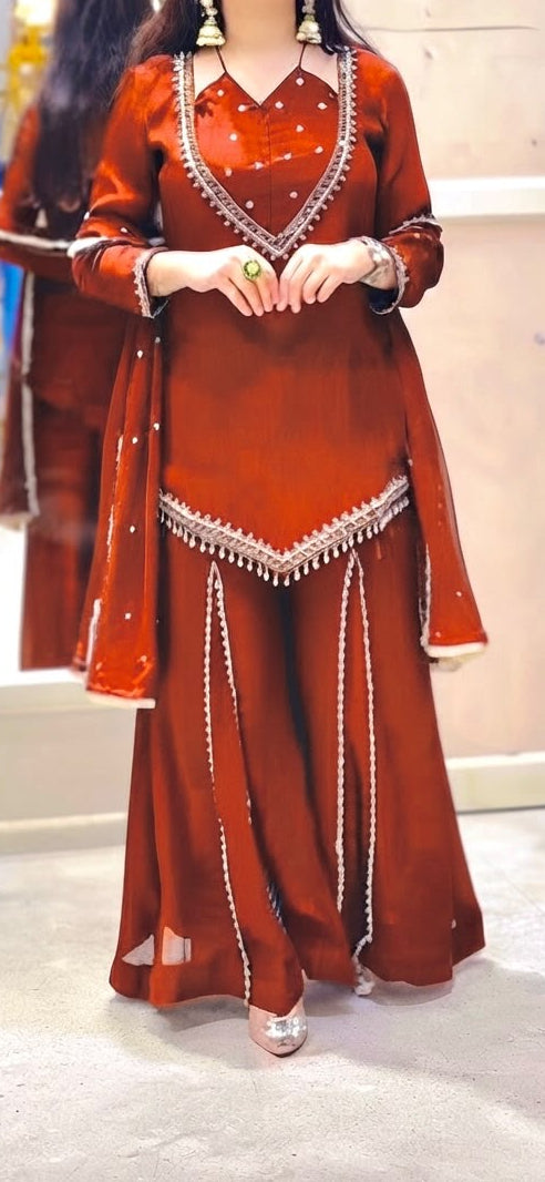 Designer party wear sharara set with lace border moti work