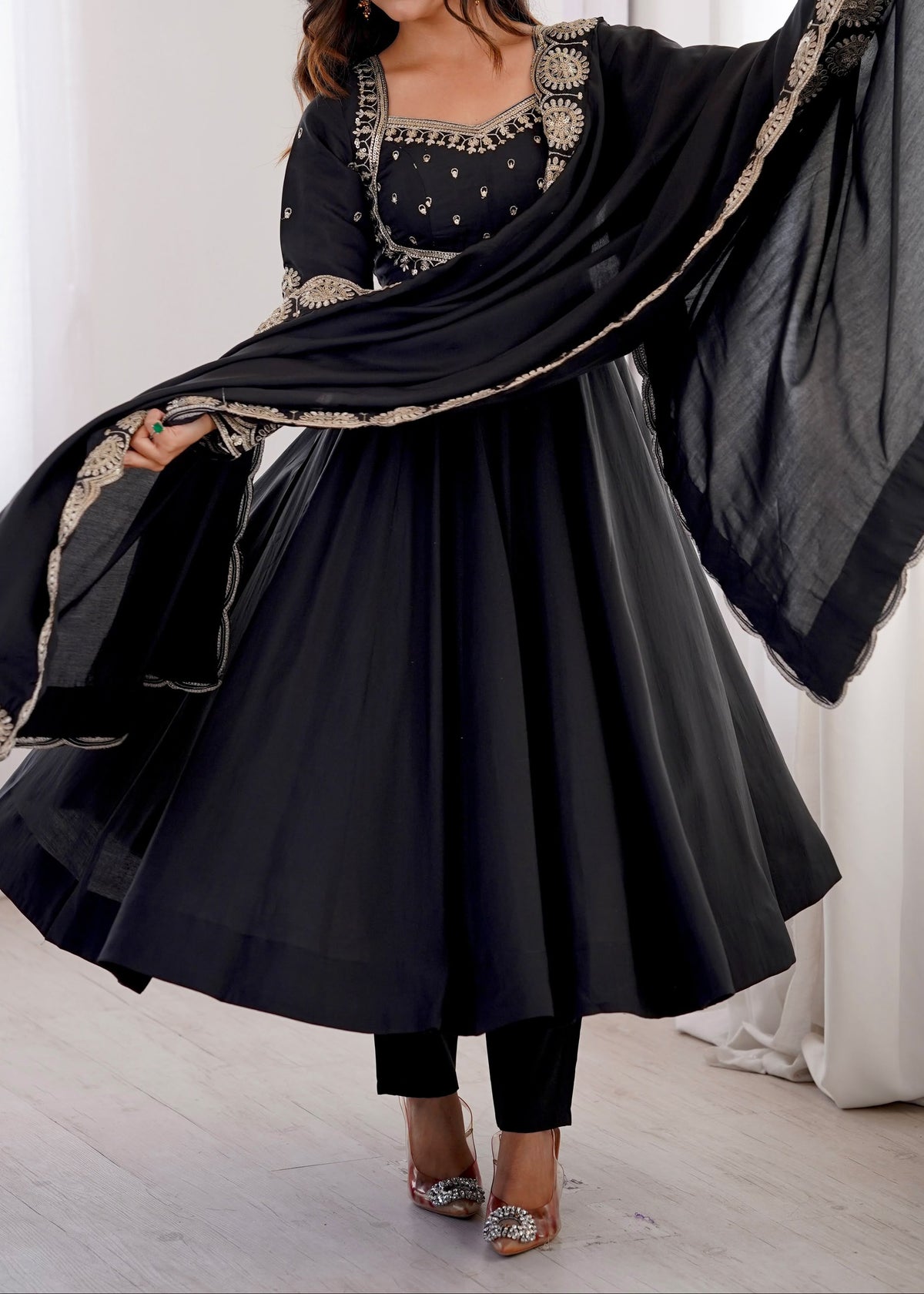 Elegant embroidered sequence designer anarkali three piece set