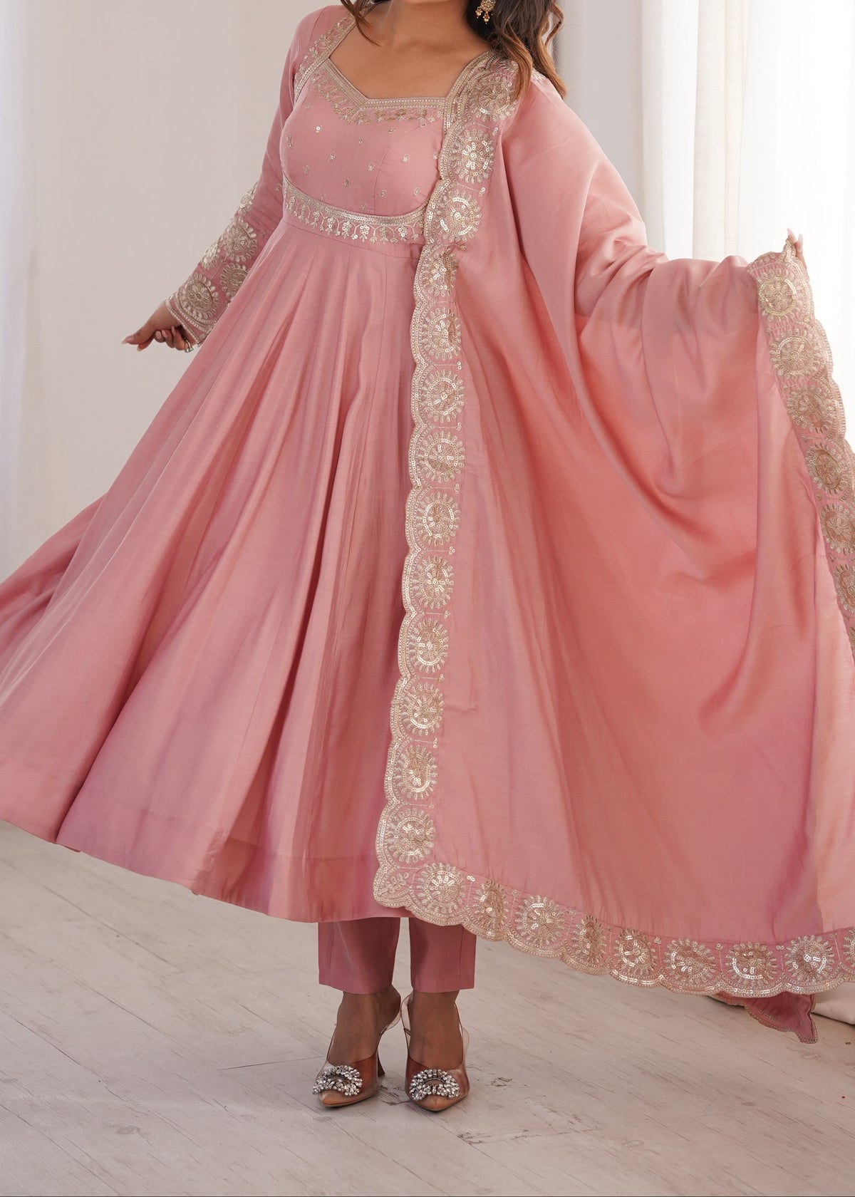Elegant embroidered sequence designer anarkali three piece set