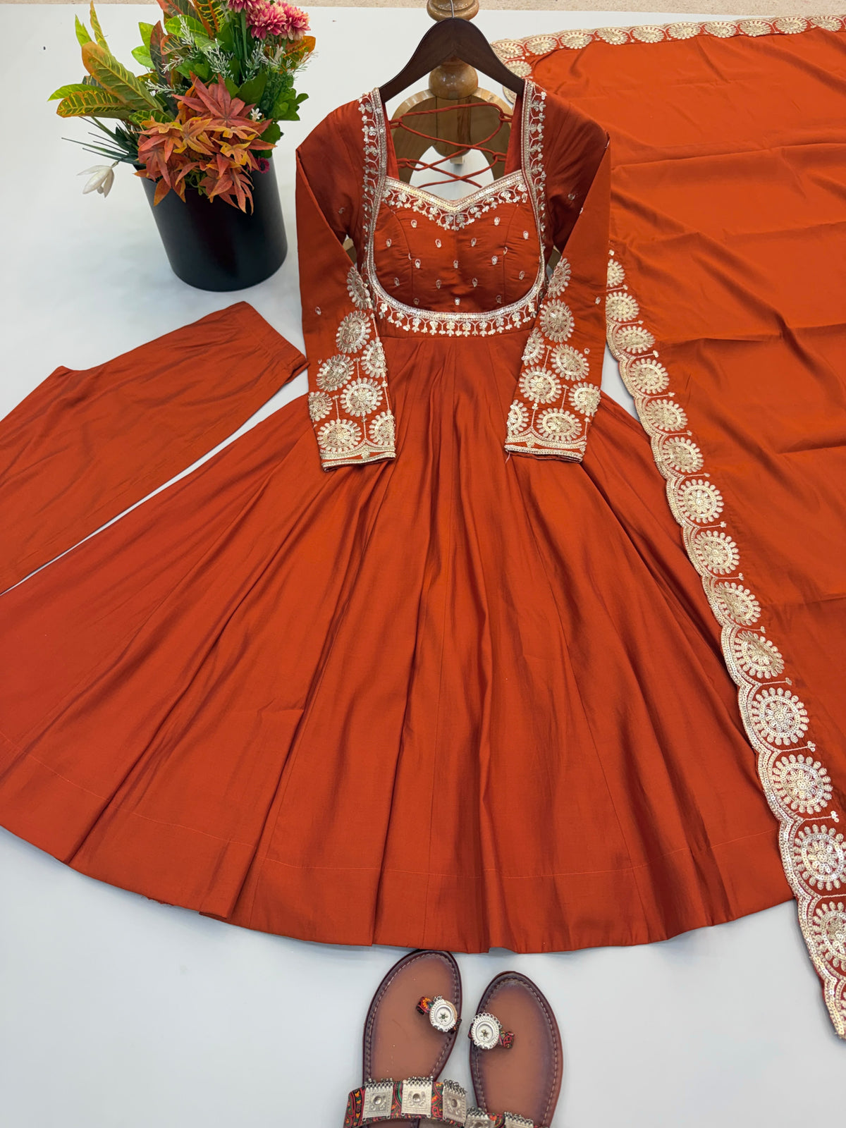 Elegant embroidered sequence designer anarkali three piece set