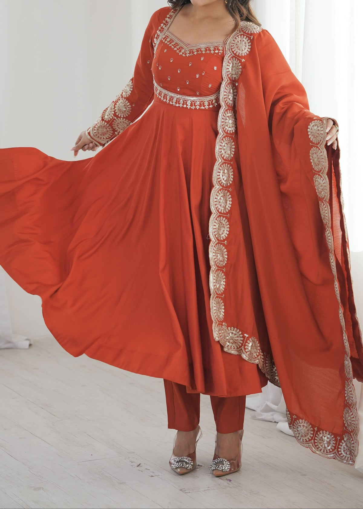 Elegant embroidered sequence designer anarkali three piece set