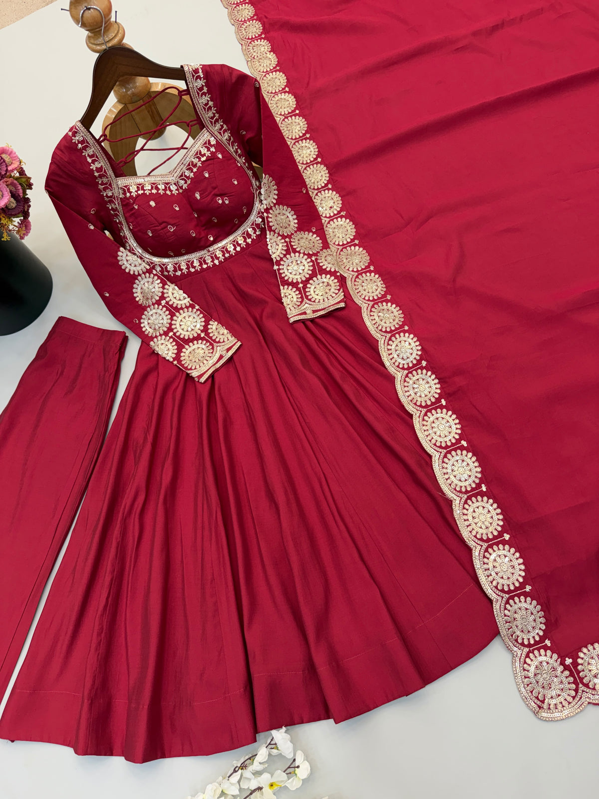 Elegant embroidered sequence designer anarkali three piece set