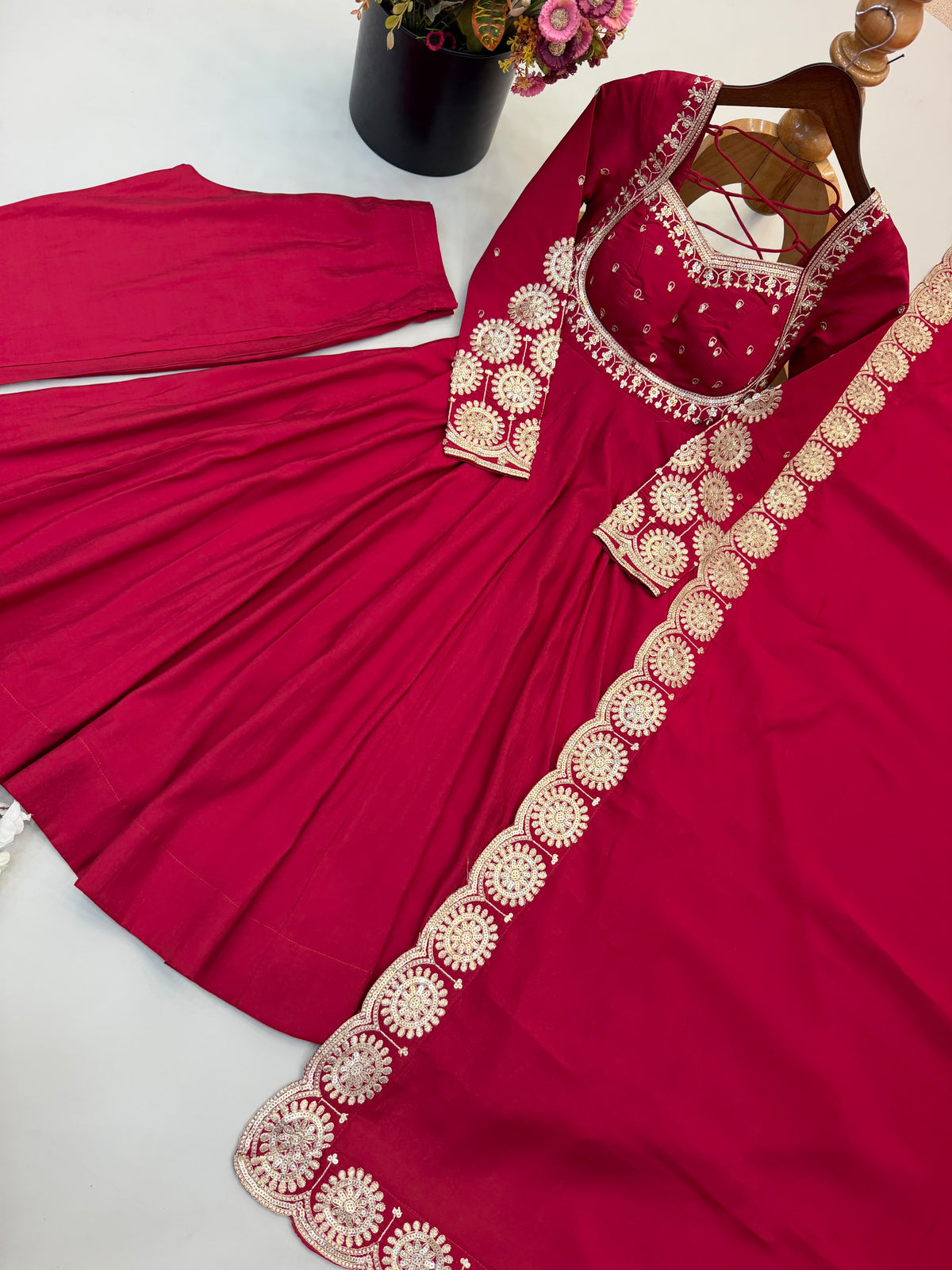 Elegant embroidered sequence designer anarkali three piece set