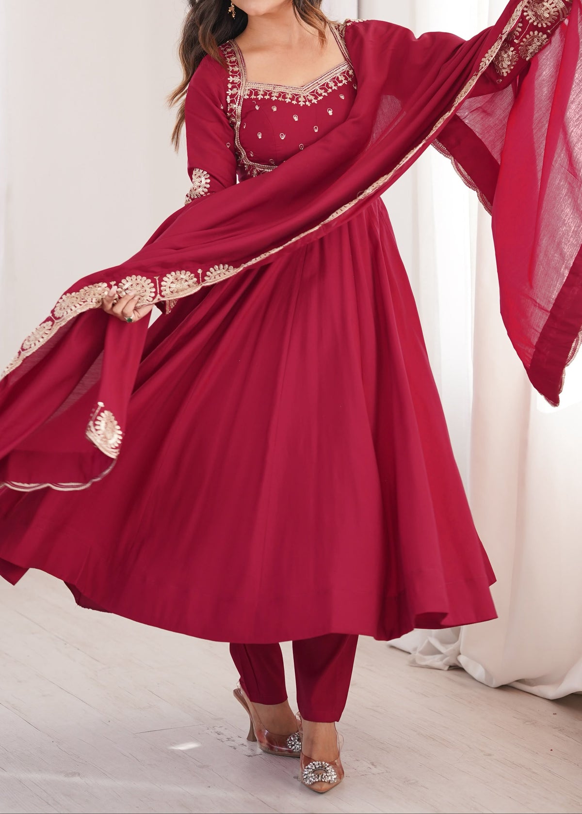 Elegant embroidered sequence designer anarkali three piece set