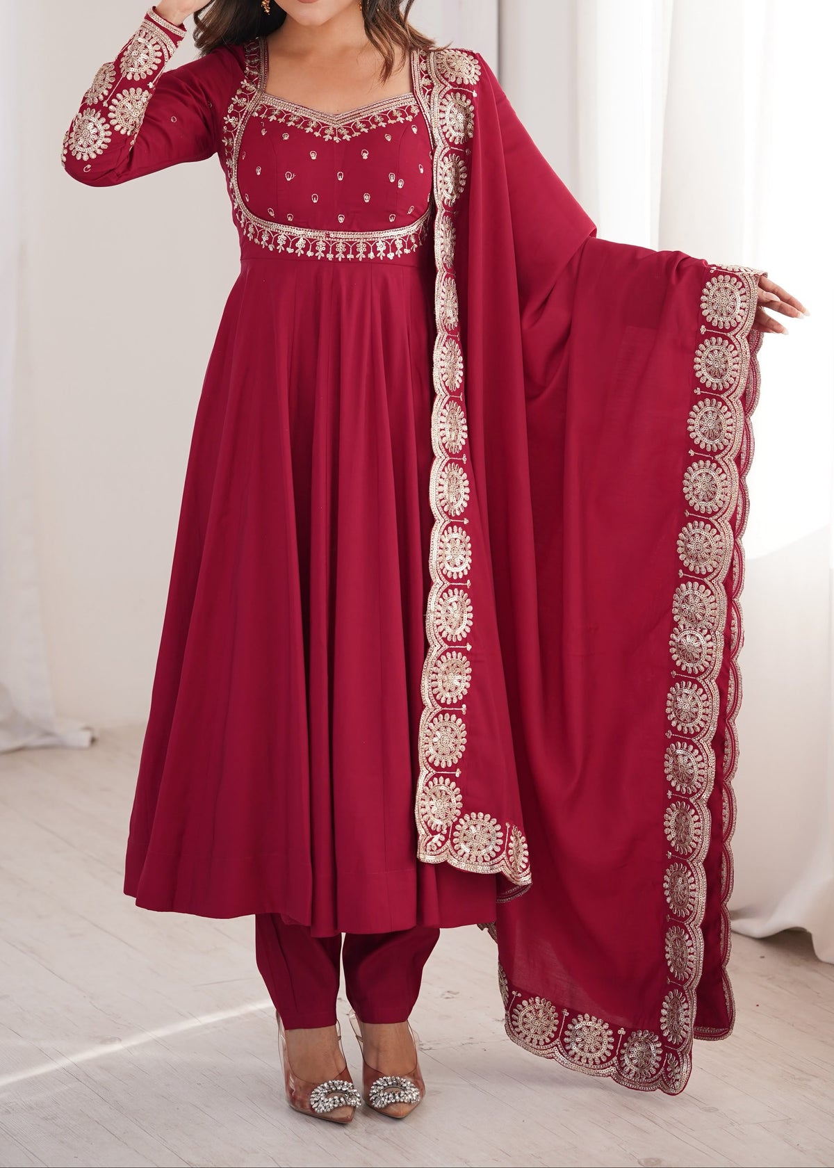 Elegant embroidered sequence designer anarkali three piece set