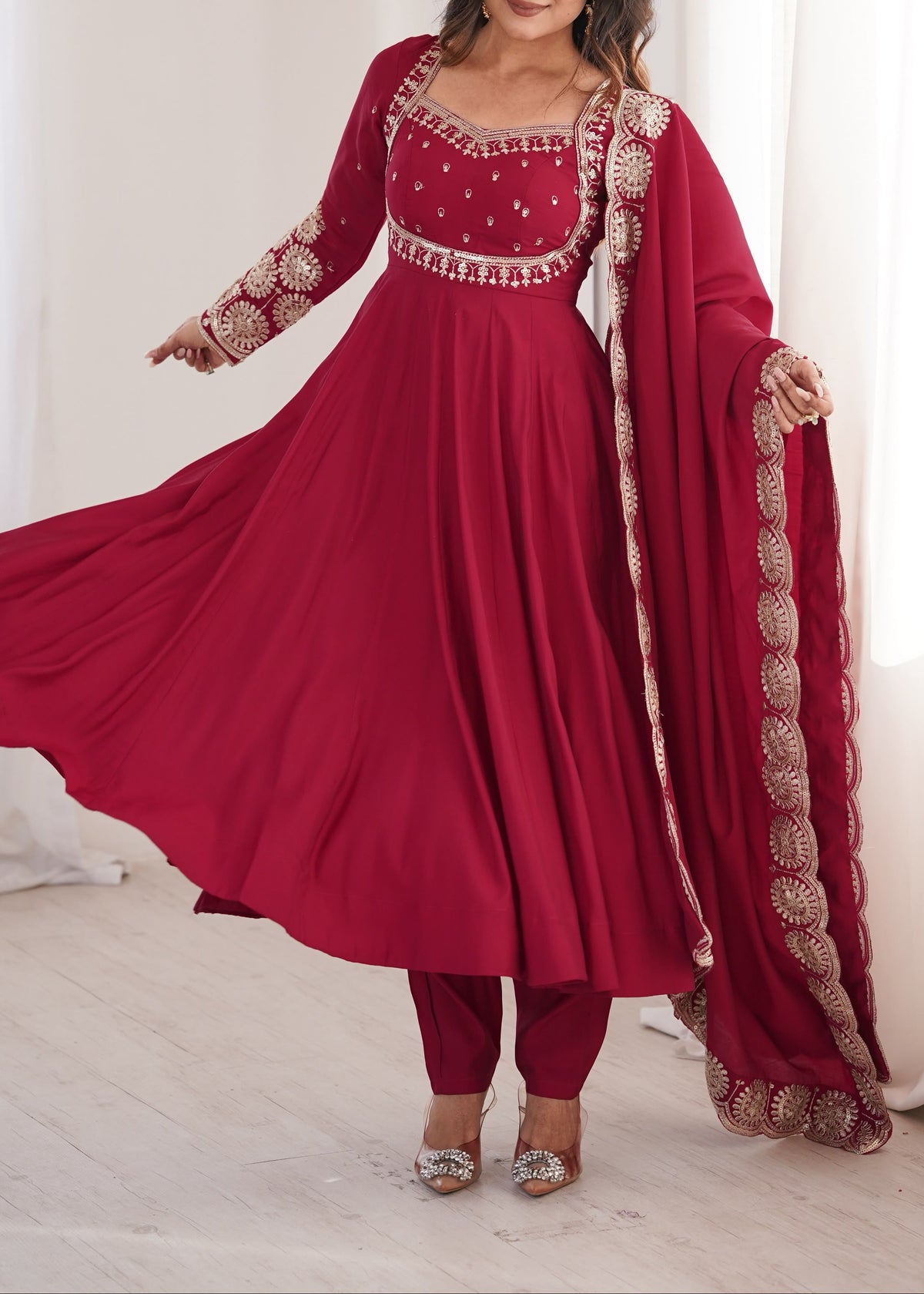 Elegant embroidered sequence designer anarkali three piece set