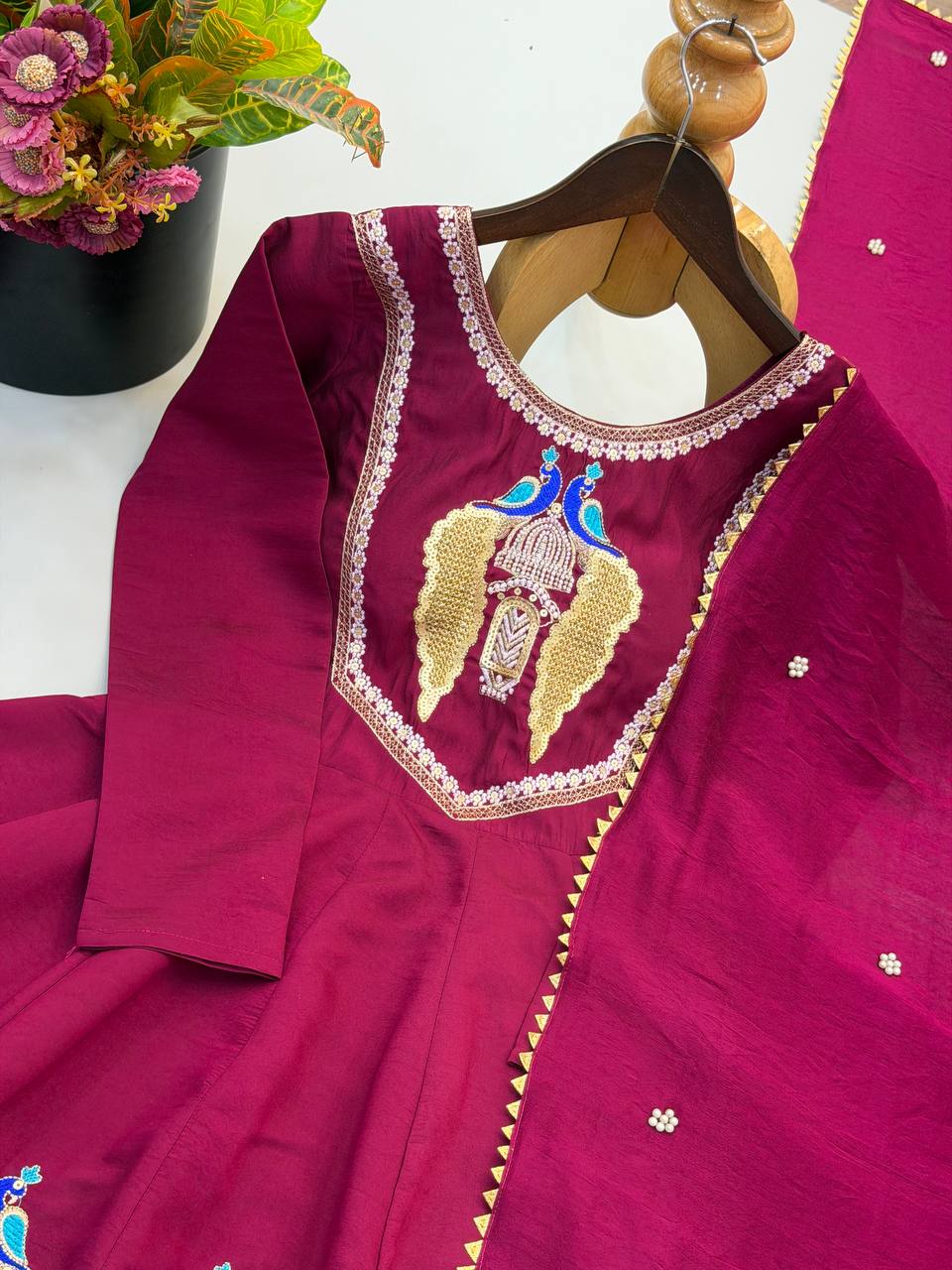 Designer Roman Silk Embroidered Kurti with Sharara & Dupatta For Diwali Wear