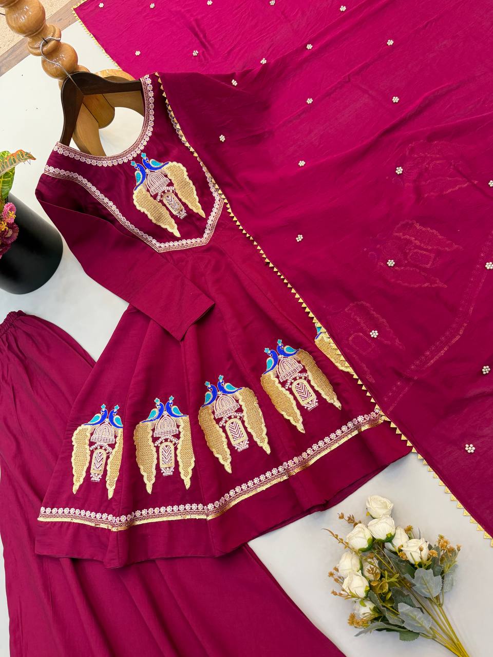 Designer Roman Silk Embroidered Kurti with Sharara & Dupatta For Diwali Wear