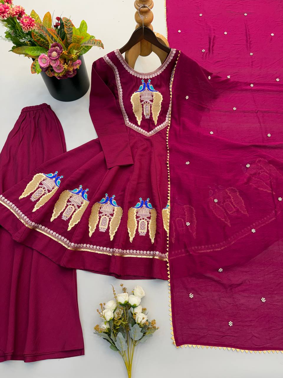 Designer Roman Silk Embroidered Kurti with Sharara & Dupatta For Diwali Wear
