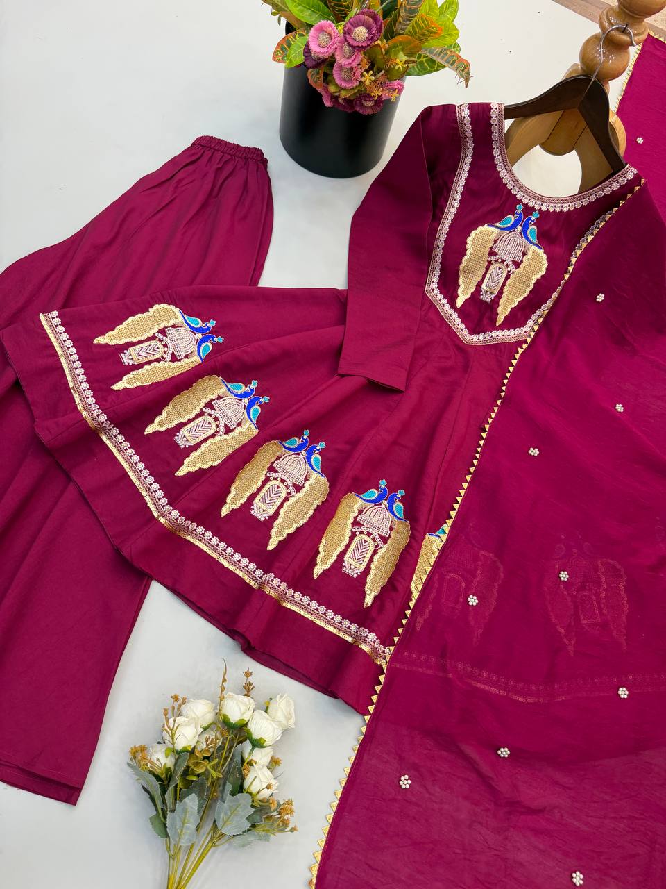 Designer Roman Silk Embroidered Kurti with Sharara & Dupatta For Diwali Wear