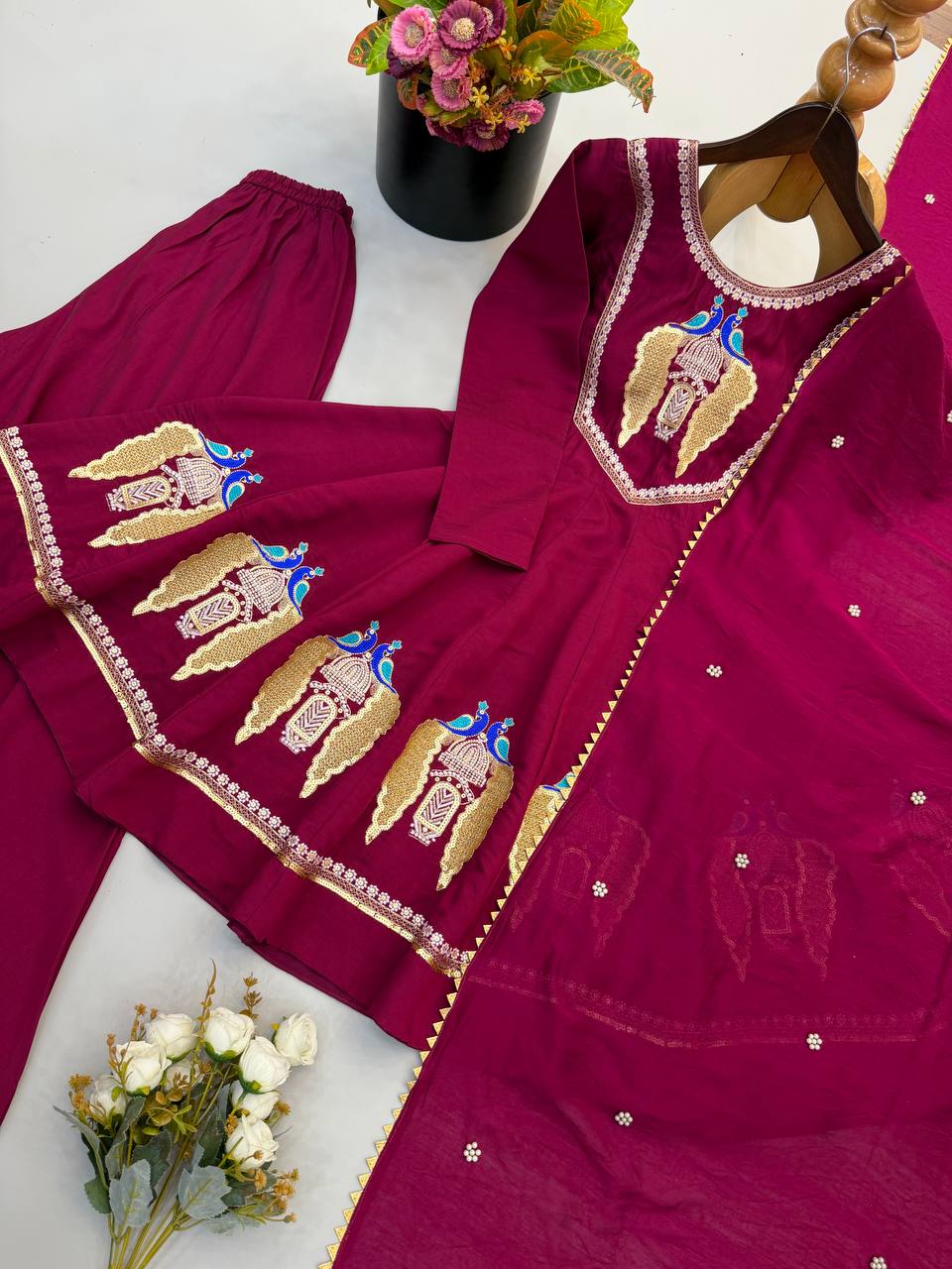 Designer Roman Silk Embroidered Kurti with Sharara & Dupatta For Diwali Wear