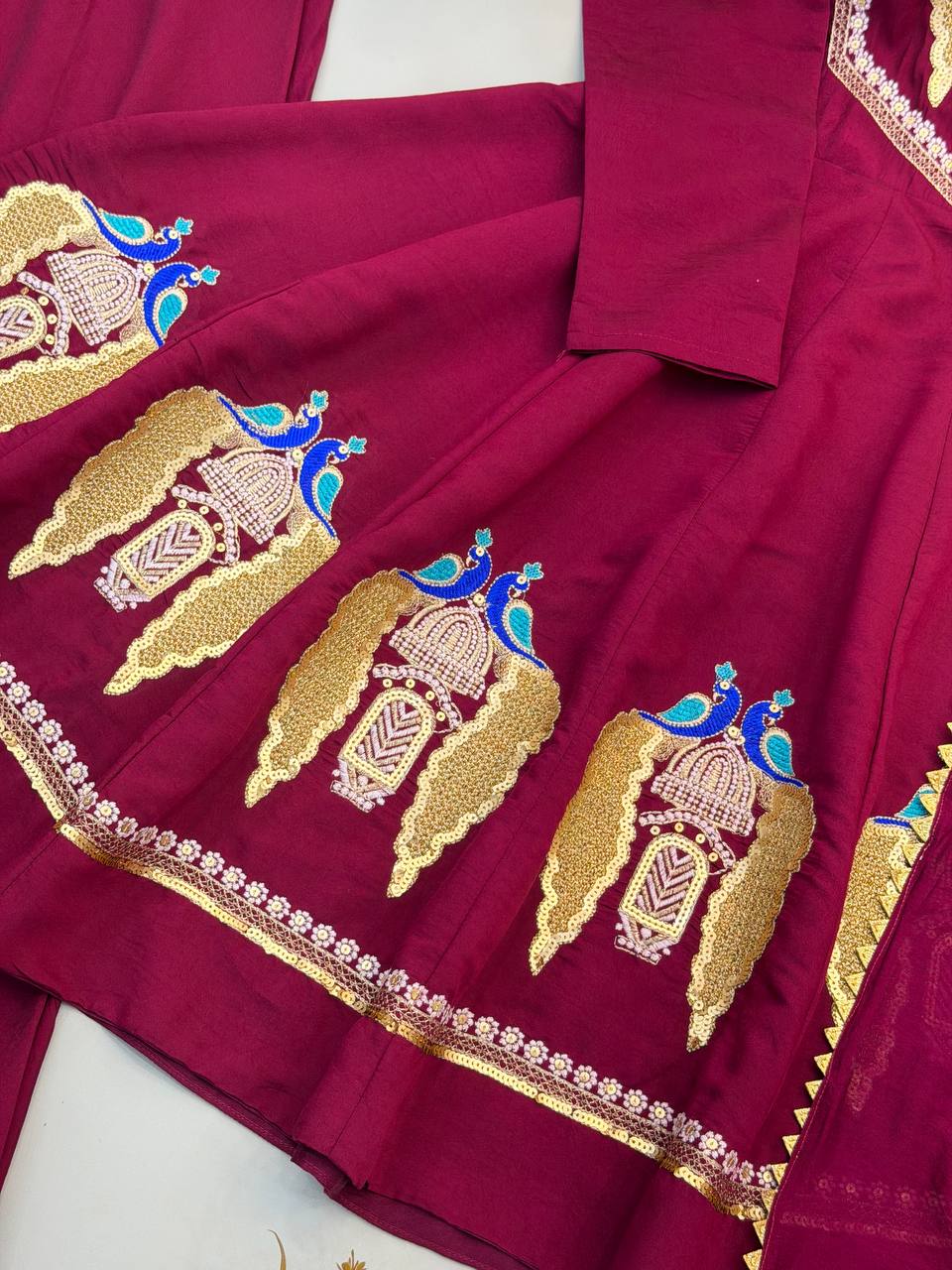 Designer Roman Silk Embroidered Kurti with Sharara & Dupatta For Diwali Wear