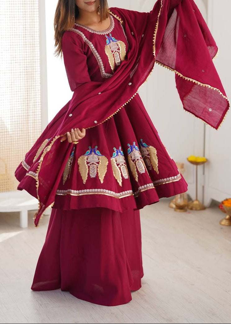 Designer Roman Silk Embroidered Kurti with Sharara & Dupatta For Diwali Wear