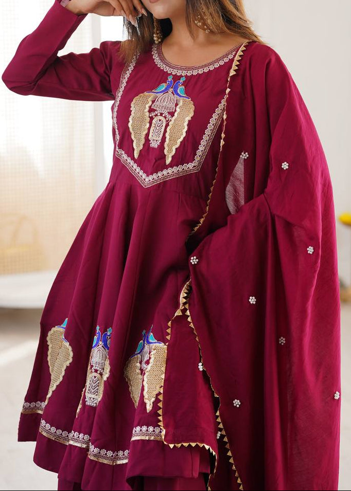 Designer Roman Silk Embroidered Kurti with Sharara & Dupatta For Diwali Wear