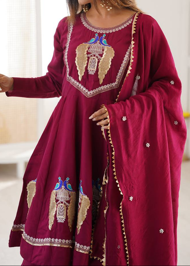 Designer Roman Silk Embroidered Kurti with Sharara & Dupatta For Diwali Wear
