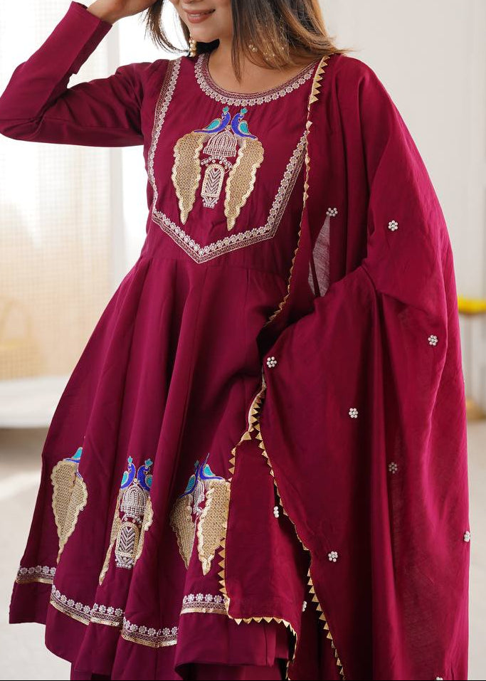 Designer Roman Silk Embroidered Kurti with Sharara & Dupatta For Diwali Wear