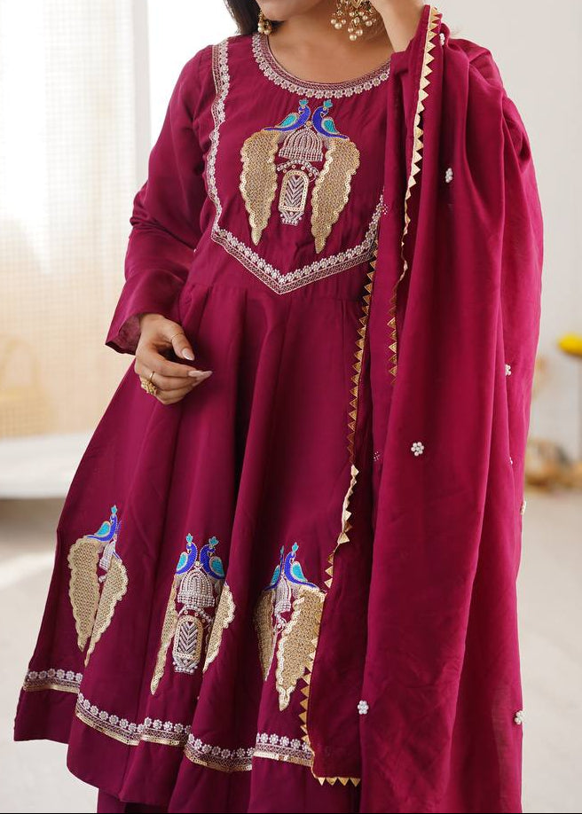 Designer Roman Silk Embroidered Kurti with Sharara & Dupatta For Diwali Wear
