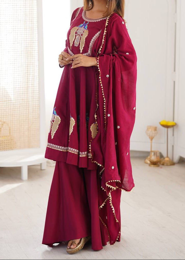 Designer Roman Silk Embroidered Kurti with Sharara & Dupatta For Diwali Wear