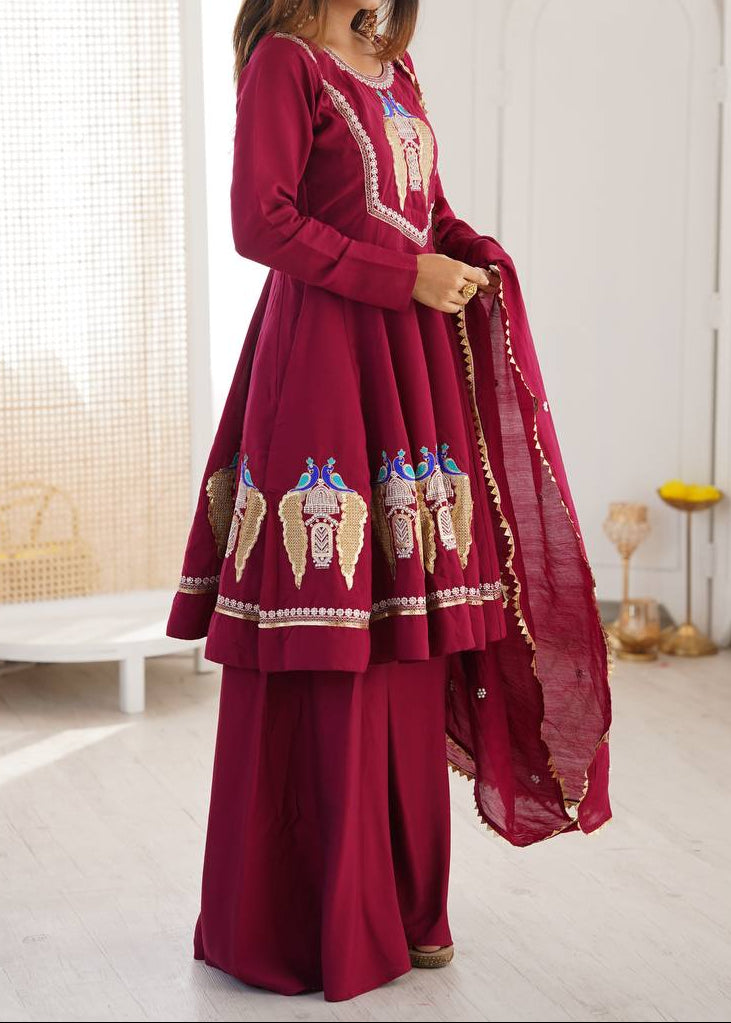 Designer Roman Silk Embroidered Kurti with Sharara & Dupatta For Diwali Wear