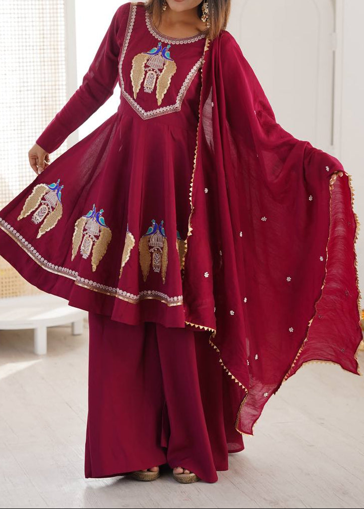 Designer Roman Silk Embroidered Kurti with Sharara & Dupatta For Diwali Wear