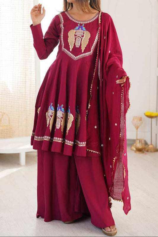 Designer Roman Silk Embroidered Kurti with Sharara & Dupatta For Diwali Wear