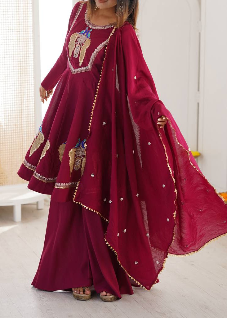Designer Roman Silk Embroidered Kurti with Sharara & Dupatta For Diwali Wear