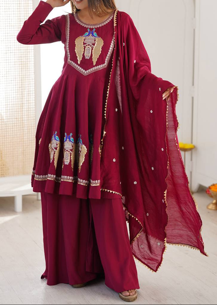Designer Roman Silk Embroidered Kurti with Sharara & Dupatta For Diwali Wear