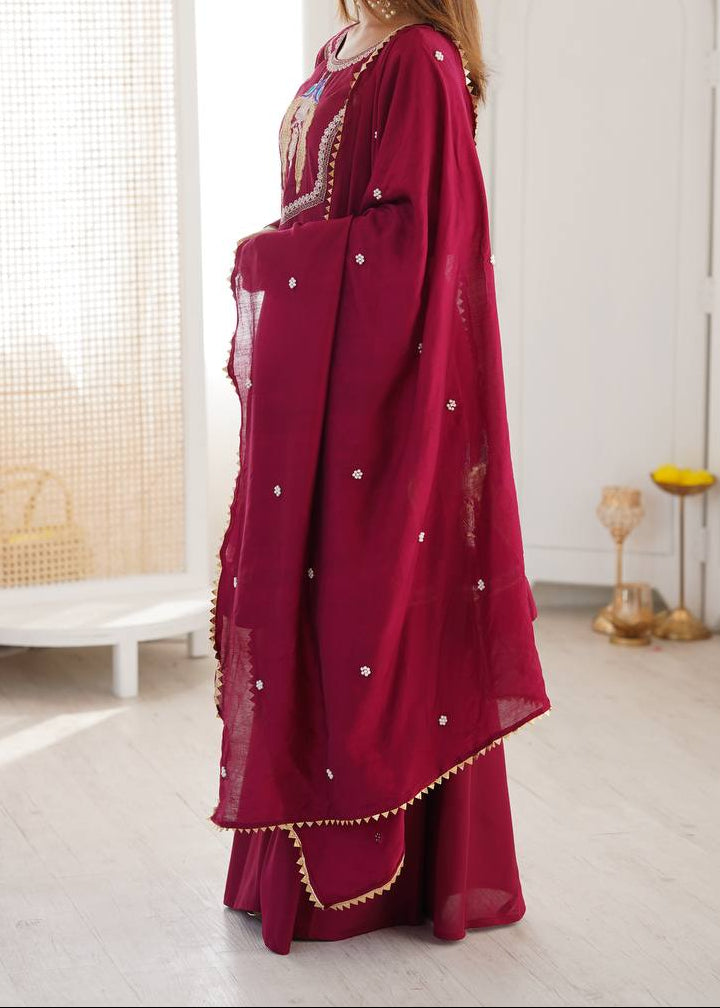 Designer Roman Silk Embroidered Kurti with Sharara & Dupatta For Diwali Wear